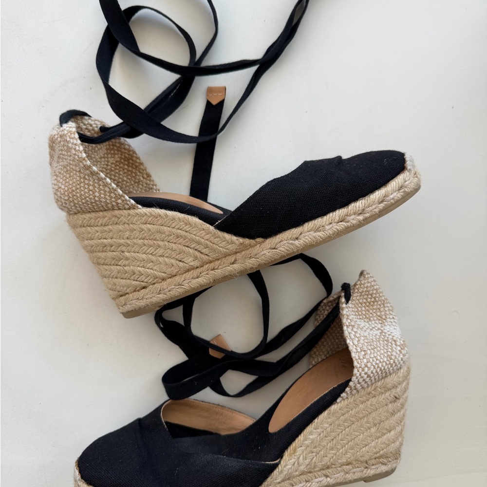Black Ankle-Tie Espadrille Wedge Sandals